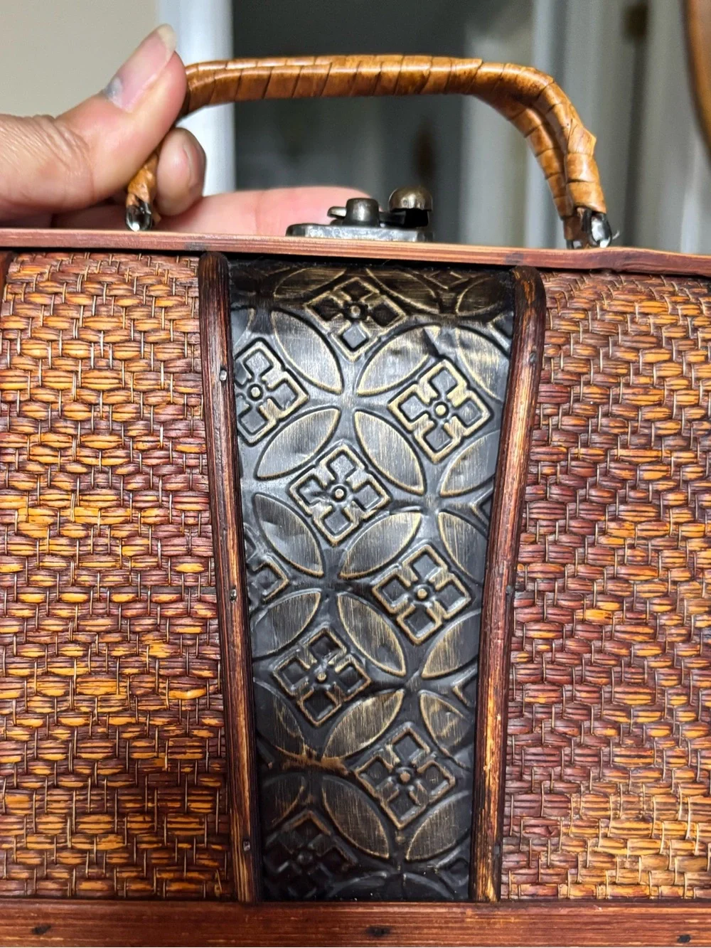 Woven Bamboo & Wood Decorative Trinket Box - Brown